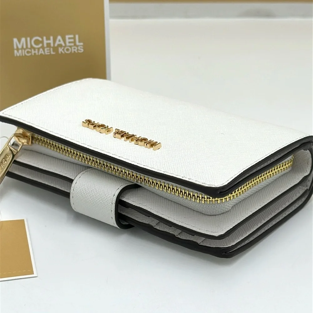 Michael Medium Crossgrain Leather Bifold Wallet Optic White  NWT